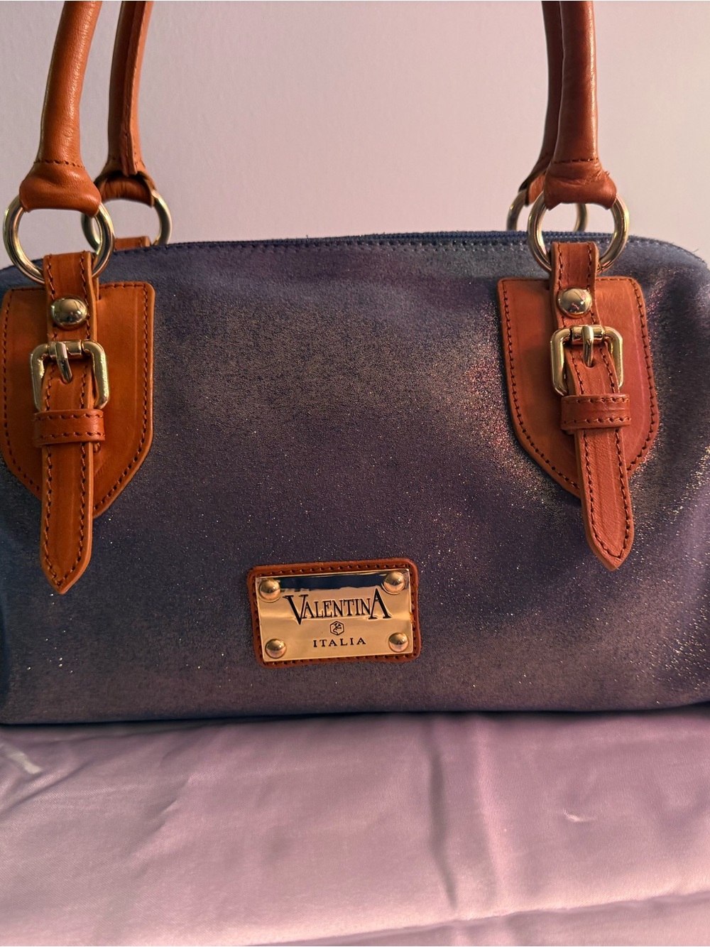 Valentina Sparkling Purple Satchel with Brown Trim